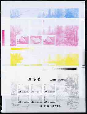 North Korea 1995 White Animals sheetlet containging 3 each of Tree Sparrow & Sea Slug, the set of 4 imperf progressive proofs comprising the 4 individual colours (magenta, yellow, blue & black) as SG N3514-15