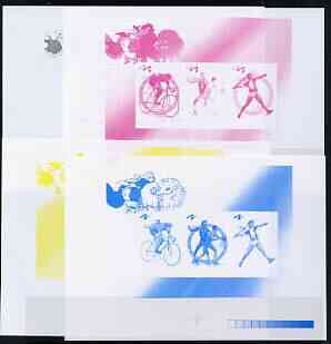 North Korea 2000 Sydney Olympic Games imperf proof of sheetlet #1 (Cycling, basketball, Javelin) - the set of 4 imperf progressive proofs comprising the 4 individual colours (magenta, yellow, blue & black)