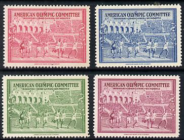 United States 1940 Olympic Fund perf labels in red, green, blue and purple produced by ABNCo unmounted mint