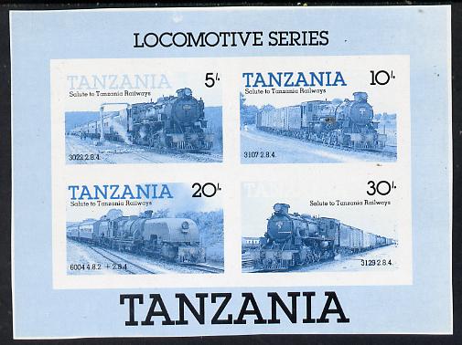 Tanzania 1985 Locomotives unmounted mint imperf colour proof of m/sheet in blue & black only (SG MS 434)