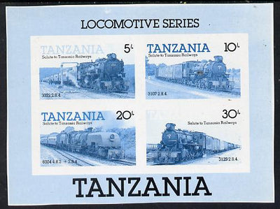 Tanzania 1985 Locomotives unmounted mint imperf colour proof of m/sheet in blue & black only (SG MS 434)