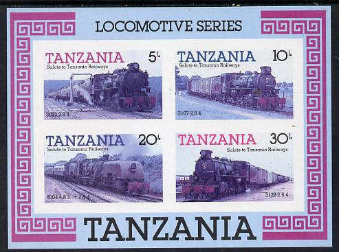 Tanzania 1985 Locomotives unmounted mint imperf colour proof of m/sheet in blue, magenta & black only (SG MS 434)
