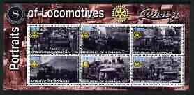 Somalia 2002 Portraits of Locomotives #2 perf sheetlet containing set of 6 values (Mallet x 2, Shay x 2, Heisler & Climax) each with Rotary logo, unmounted mint