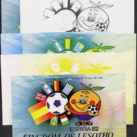 Lesotho 1982 World Cup Football booklet x 7 progressive proofs of front cover comprising various individual or combination composites incl completed design (both sides)