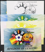 Lesotho 1982 World Cup Football booklet x 7 progressive proofs of front cover comprising various individual or combination composites incl completed design (both sides)