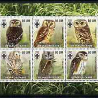 Mauritania 2002 Birds of Prey #6 perf sheetlet containing 6 values (Owls) each with Scout logo unmounted mint