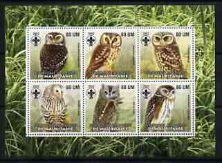 Mauritania 2002 Birds of Prey #6 perf sheetlet containing 6 values (Owls) each with Scout logo unmounted mint