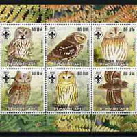 Mauritania 2002 Birds of Prey #7 perf sheetlet containing 6 values (Owls) each with Scout logo unmounted mint