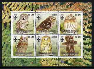 Mauritania 2002 Birds of Prey #7 perf sheetlet containing 6 values (Owls) each with Scout logo unmounted mint