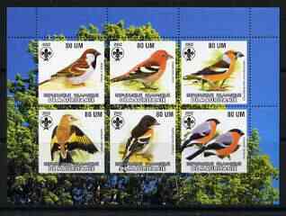 Mauritania 2002 Kingfishers perf sheetlet containing 6 values each with Scout logo unmounted mint