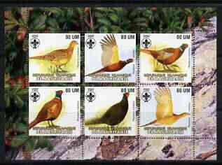 Mauritania 2002 Song Birds perf sheetlet containing 6 values each with Scout logo unmounted mint