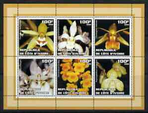 Ivory Coast 2002 Orchids #1 (violet border) perf sheetlet containing 6 values unmounted mint
