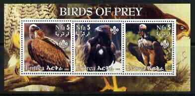 Eritrea 2002 Birds of Prey #1 perf sheetlet containing set of 3 values each with Scouts Logo unmounted mint
