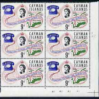 Cayman Islands 1966 International Telephone Links 4d unmounted mint plate block of 6 including R11/5 flaw by second 's' of 'Islands', Shelly V41 (SG 198var)