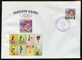 Pakistan 2004 commem cover for Pakistan Games with special illustrated cancellation for Second Cricket test - Pakistan v India (cover shows Football, Tennis, Running, Skate-boarding, Skiing, weights & Golf)