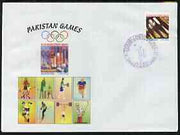 Pakistan 2004 commem cover for Pakistan Games with special illustrated cancellation for Fourth Cricket test - Pakistan v India (cover shows Football, Tennis, Running, Skate-boarding, Skiing, weights & Golf)
