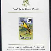 Lesotho 1982 Crowned Crane 3s imperf proof mounted on Format International proof card (as SG 502)