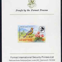 Lesotho 1982 Malachite Sunbird 40s imperf proof mounted on Format International proof card (as SG 508)
