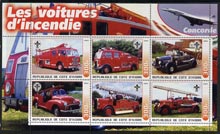 Ivory Coast 2003 Fire Engines #2 perf sheetlet containing set of 6 values (each with Scout Logo & Concorde in Margin) unmounted mint
