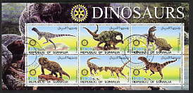 Somalia 2002 Dinosaurs perf sheetlet #1 containing six values each with Rotary Logo, fine cto used