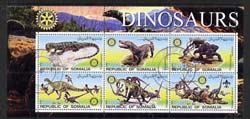 Somalia 2002 Dinosaurs perf sheetlet #3 containing six values each with Rotary Logo, fine cto used