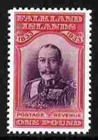 Falkland Islands 1933 Centenary £1 King George V,,'Maryland' perf forgery 'unused', as SG 138 - the word Forgery is either handstamped or printed on the back and comes on a presentation card with descriptive notes