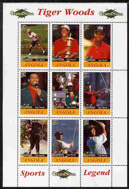 Angola 2009 Golf Grand Slam - Tiger Woods #1 perf sheetlet containing 9 values unmounted mint. Note this item is privately produced and is offered purely on its thematic appeal