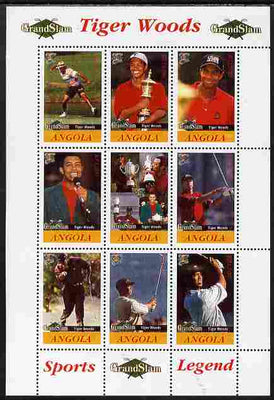 Angola 2009 Golf Grand Slam - Tiger Woods #1 perf sheetlet containing 9 values unmounted mint. Note this item is privately produced and is offered purely on its thematic appeal