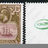 St Helena 1922-37 KG5 Badge 10s,,'Maryland' perf forgery 'unused' as SG 112 - the word Forgery is either handstamped or printed on the back and comes on a presentation card with descriptive notes