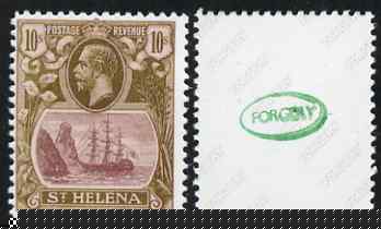 St Helena 1922-37 KG5 Badge 10s,,'Maryland' perf forgery 'unused' as SG 112 - the word Forgery is either handstamped or printed on the back and comes on a presentation card with descriptive notes