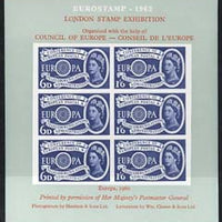 Exhibition souvenir sheet for 1962 London Stamp Exhibition showing Great Britain Europa 1s6d stamp block of 6 (grey background) unmounted mint