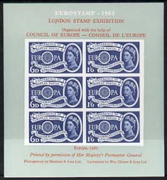 Exhibition souvenir sheet for 1962 London Stamp Exhibition showing Great Britain Europa 1s6d stamp block of 6 (grey background) unmounted mint