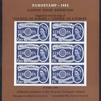 Exhibition souvenir sheet for 1962 London Stamp Exhibition showing Great Britain Europa 1s6d stamp block of 6 (brown background) unmounted mint