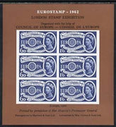 Exhibition souvenir sheet for 1962 London Stamp Exhibition showing Great Britain Europa 1s6d stamp block of 6 (brown background) unmounted mint