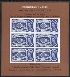 Exhibition souvenir sheet for 1962 London Stamp Exhibition showing Great Britain Europa 1s6d stamp block of 6 (brown background) unmounted mint