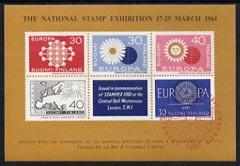 Exhibition souvenir sheet for 1961 Stampex showing four unadopted Europa designs for Finland plus the 1960 accepted design, with Exhibition cachet in red, unmounted mint