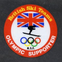 Cinderella - Great Britain 1980's Circular plastic window label 'British Ski Teams - Olympic Supporter', Skier, Olympic Rings & Union Jack on backing paper