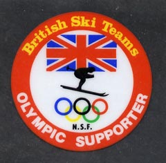 Cinderella - Great Britain 1980's Circular plastic window label 'British Ski Teams - Olympic Supporter', Skier, Olympic Rings & Union Jack on backing paper