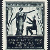 Cinderella - WW1 (?) perf label in dark green for Association for Welfare for the Blind showing 'Hope' and blind-folded man, with full gum