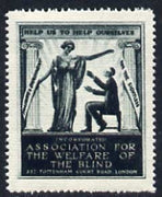 Cinderella - WW1 (?) perf label in dark green for Association for Welfare for the Blind showing 'Hope' and blind-folded man, with full gum