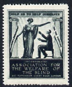 Cinderella - WW1 (?) perf label in dark green for Association for Welfare for the Blind showing 'Hope' and blind-folded man, with full gum