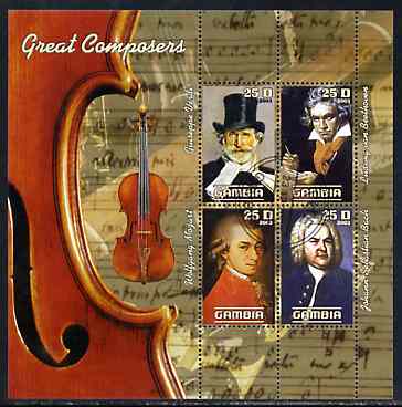 Gambia 2003 Great Composers perf sheetlet containing 4 values, fine cto used (Verdi, Mozart, Beethoven & Bach)