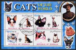 Somalia 2002 Domestic Cats of the World perf sheetlet #01 containing 4 values each with Scout Logo, fine cto used