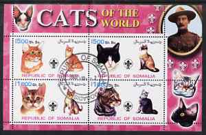 Somalia 2002 Domestic Cats of the World perf sheetlet #03 containing 4 values each with Scout Logo, fine cto used