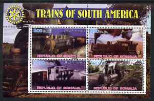 Somalia 2002 Trains of South America perf sheetlet containing 4 values with Rotary Logo, fine cto used