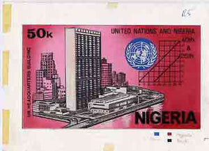 Nigeria 1985 40th Anniversary of United Nations - original hand-painted artwork for 50k value (UN Building) by NSP&MCo Staff Artist Mrs A O Adeyeye as issued stamp on card 9" x 5" endorsed B5