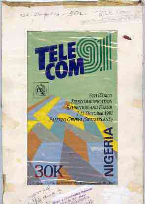 Nigeria 1991 Telecom - original hand-painted artwork for 30k value (endorsed approved but change to 50k) produced by NSP&MCo Staff Artist Samuel A M Eluare on card 5"x8.5"