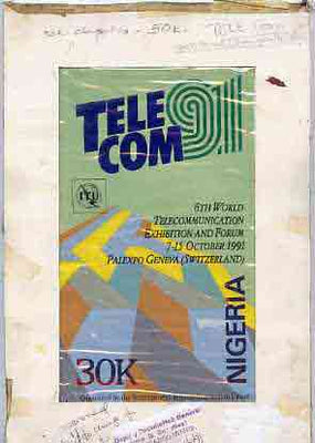Nigeria 1991 Telecom - original hand-painted artwork for 30k value (endorsed approved but change to 50k) produced by NSP&MCo Staff Artist Samuel A M Eluare on card 5