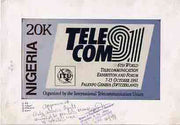 Nigeria 1991 Telecom - original hand-painted artwork for 20k value (endorsed approved only 200,000 units to be printed because of restricted use) produced by NSP&MCo Staff Artist Samuel A M Eluare on card 9"x5"