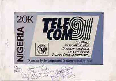 Nigeria 1991 Telecom - original hand-painted artwork for 20k value (endorsed approved only 200,000 units to be printed because of restricted use) produced by NSP&MCo Staff Artist Samuel A M Eluare on card 9